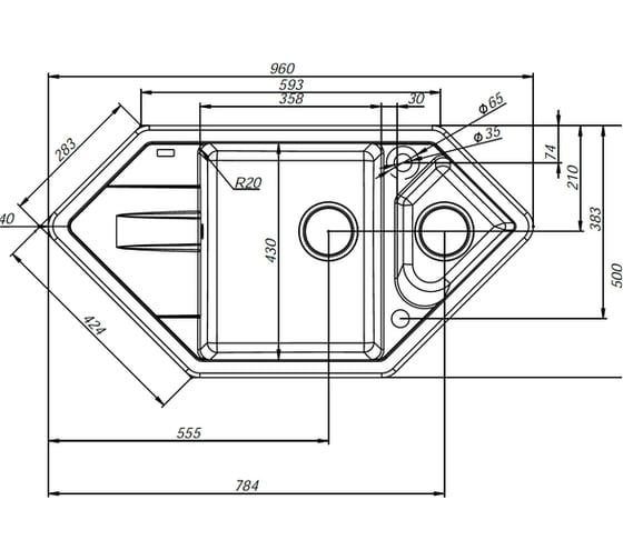 Мойка IDDIS Vane G granucryl, серая, угловая, 1 1/2 чаши, 960х500 V27G965i87