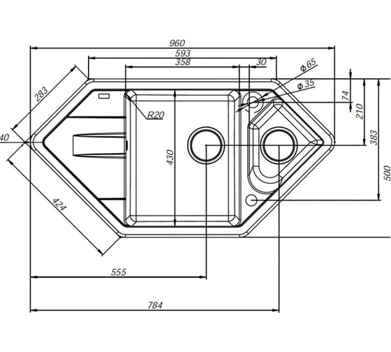 Мойка IDDIS Vane G granucryl, шоколад, угловая, 1 1/2 чаши, 960х500 V36C965i87