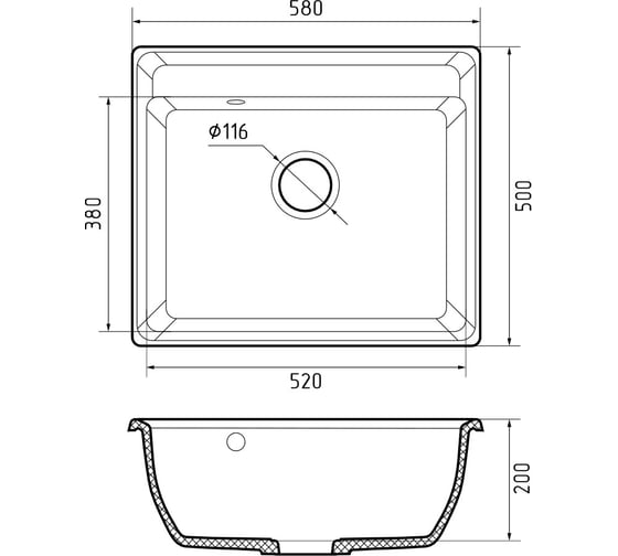 Мраморная мойка GRANFEST VERTEX GF-V-580 1-чаша 580х500 мм, терракот V-580 тер