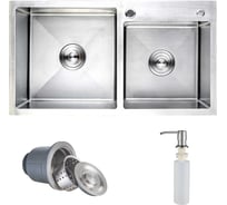 Мойка двойная AKS толщина до 3.2 мм, 780х430 мм, сатин никель, сифон, дозатор, крепления 93980