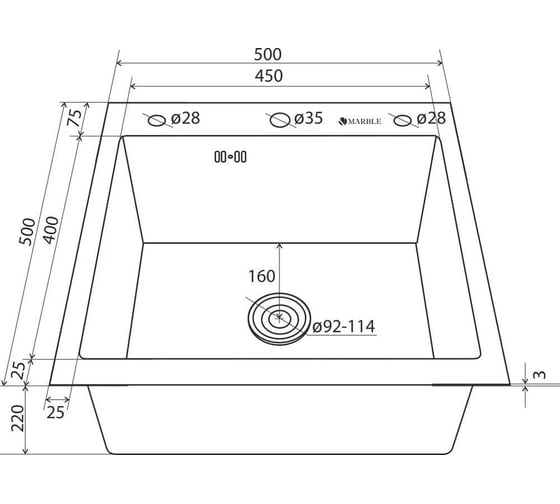 Кухонная мойка из нержавеющей стали MARBLE VM500/500B с PVD покрытием VM500*500B