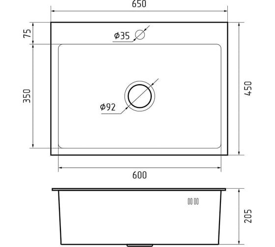 Мойка GranFest METAL нерж.сталь AISI 304, PVD графит, 1 чаша, 650*450*215 мм, 6545 PVD графит