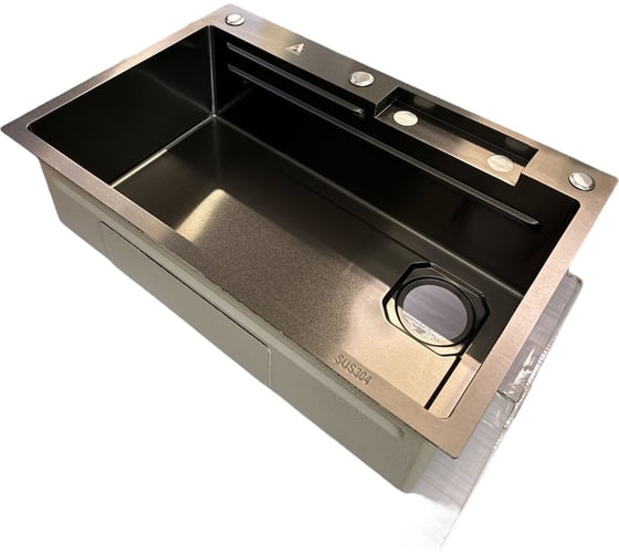 Кухонная мойка многофункциональная из нержавеющей стали GRIALE 68x45 см со встроенным смесителем, краном питьевой воды и водопадом, с дуршлагом, омывателем стаканов и разделочной доской. Цвет графит AX6845