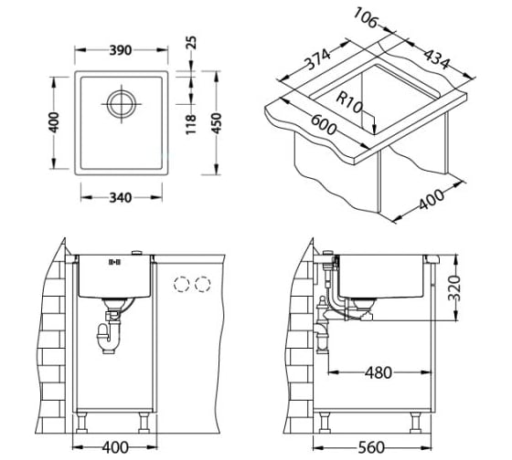 Мойка ALVEUS QUADRIX 20 BRS-90 390х450х200 мм, в комплекте с сифоном 1102384 1102603