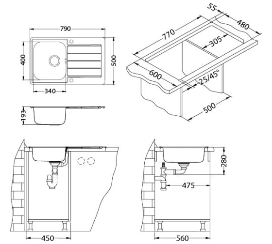Мойка ALVEUS LINE MAXIM 80 SAT-90 790х500 мм, 1X с сифоном 1127251 1100216