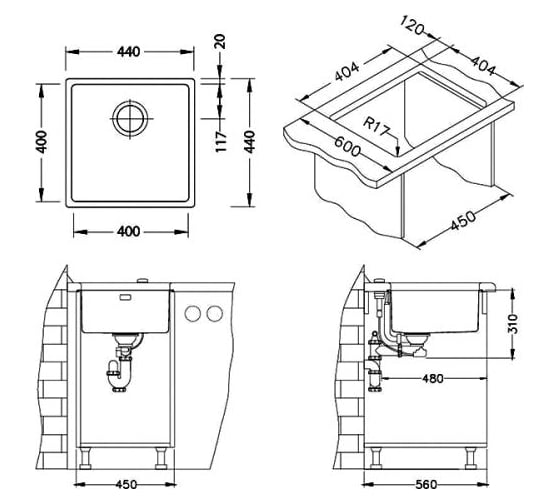 Мойка ALVEUS KOMBINO 30 SAT-90 400х400х200 мм, в комплекте с сифоном 1102384 1100235