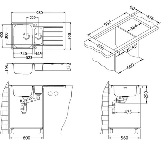 Мойка ALVEUS LINE MAXIM 10-LEI 980х500 мм, 1+1/2 в комплекте с сифоном 1127257 1085949