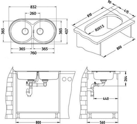 Мойка ALVEUS FORM 50 NAT-90 832х437 мм, 2X в комплекте с сифоном 1082237 1060002