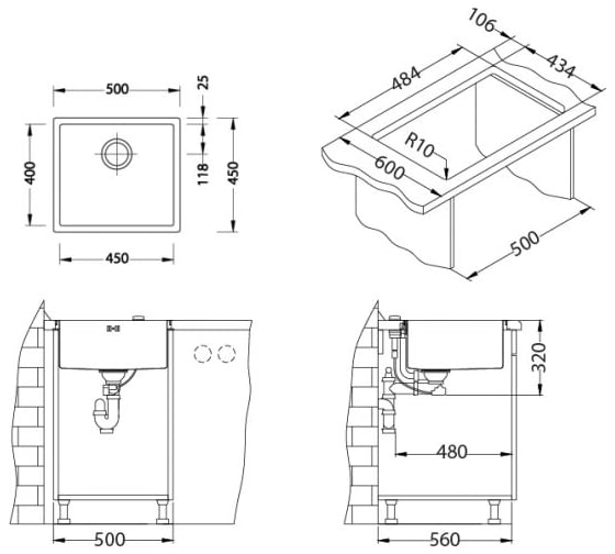 Мойка ALVEUS QUADRIX 40 BRS-90 500х450х200 мм, в комплекте с сифоном 1102384 1102605