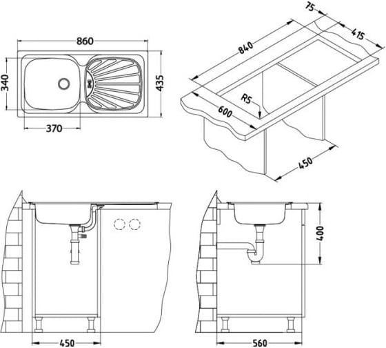 Мойка ALVEUS BASIC 80 LEI-60 860х435 мм, в комплекте с сифоном 1071237 1008993