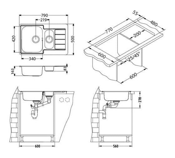 Мойка ALVEUS LINE 70 NAT-90 790х500 мм, 1+1/2, в комплекте с сифоном 1130555 1065684