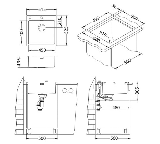 Мойка ALVEUS PURE 30 KMB-90 515X525 мм, 1X в комплекте с сифоном 1127252 1103609