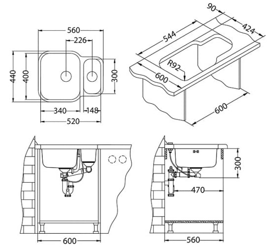 Мойка ALVEUS DUO 70 SAT-90 560х440 мм, 1+1/2 в комплекте с сифоном 1127257 1039363