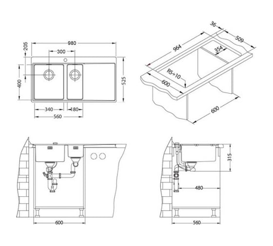 Мойка ALVEUS PURE 60 KMB-90 980х525 мм, 1+1/2 правая в комплекте с сифоном 1127259 1103655