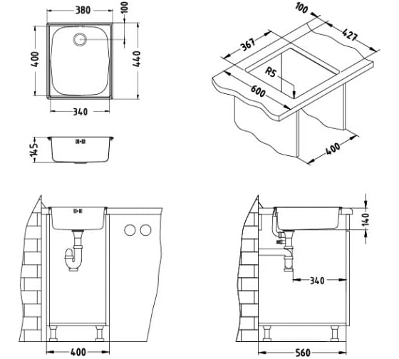 Мойка ALVEUS BASIC 10 LEI-60 380х440 мм, 1X в комплекте с сифоном 1011717 1008992