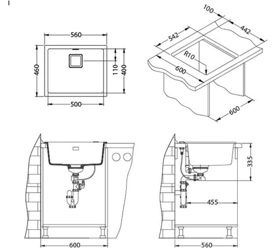 Мойка для кухни ALVEUS QUADRIX 50 GRANITAL+ DEEP BLACK-G90 560x460x200 мм, с сифоном 1149138
