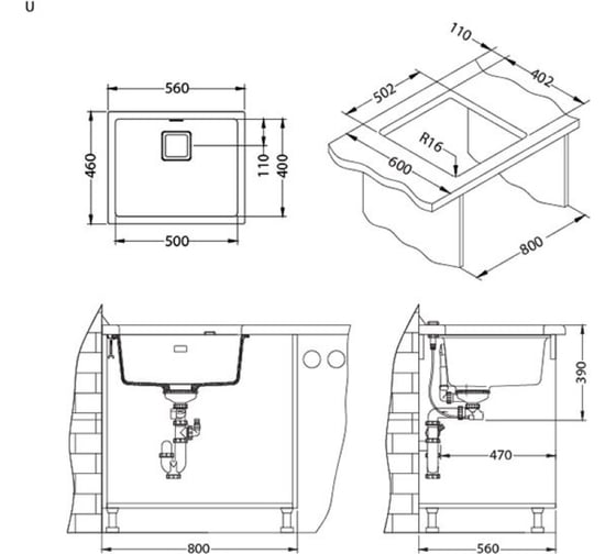 Мойка для кухни ALVEUS QUADRIX 50 GRANITAL+ DEEP BLACK-G90 560x460x200 мм, с сифоном 1149138