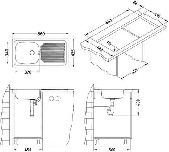 Мойка ALVEUS BASIC 60 NAT-60 860х435 мм, 1X в комплекте с сифоном 1011717 1008843