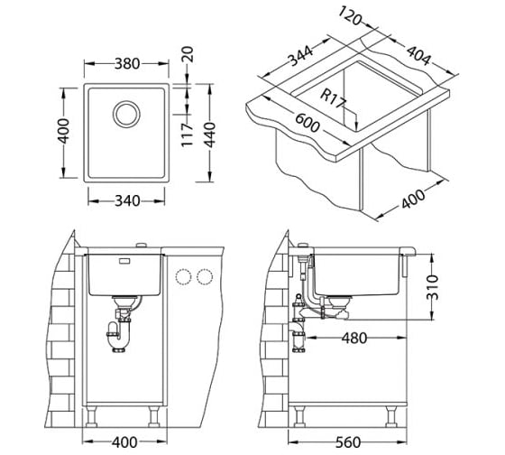 Мойка ALVEUS KOMBINO 20 SAT-90 340х400х200 мм, в комплекте с сифоном 1102384 1100234