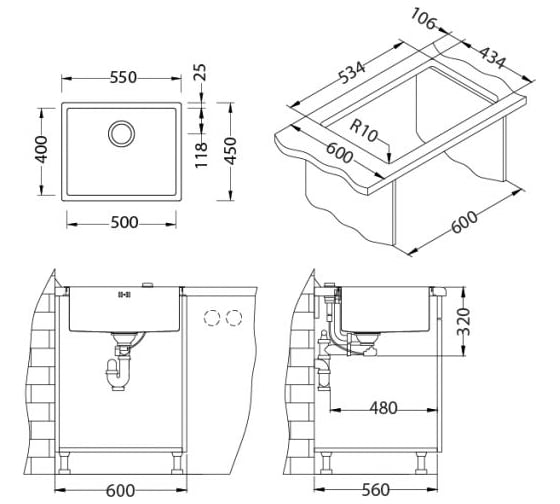 Мойка ALVEUS QUADRIX 50 BRS-90 550х450х199 мм, в комплекте с сифоном 1102384 1102606