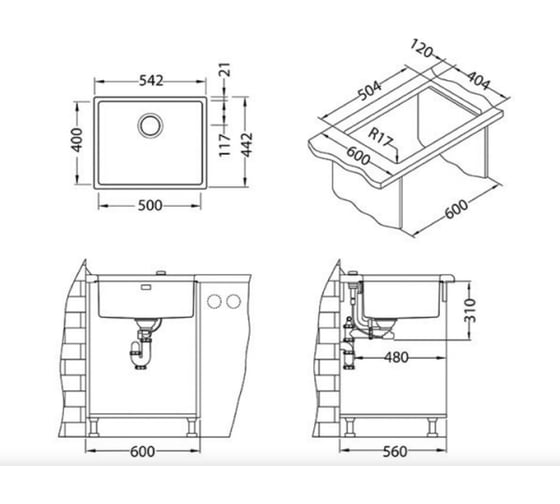 Мойка ALVEUS KOMBINO 50 SAT-90 500х400х195 мм, в комплекте с сифоном 1102384 1100237