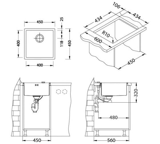 Мойка ALVEUS QUADRIX MONARCH 30 ANTHRACITE 450х450х200 мм, в комплекте с выпуском, без сифона 1103320