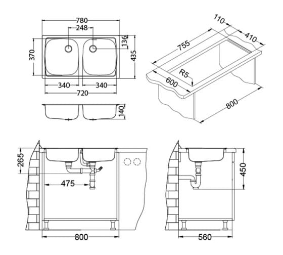 Мойка ALVEUS BASIC 160 NAT-60 780х435 мм, 2X в комплекте с сифоном 1071240 1039144