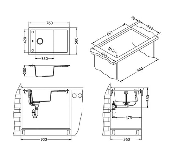 Мойка ALVEUS FORMIC 30 GRANITAL+ STEEL-G04M 760х500 мм, 1X с сифоном 1127749 1108030