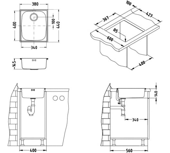 Мойка ALVEUS BASIC 10 NAT-90 380х440 мм, 1X в комплекте с сифоном 1102384 1082195