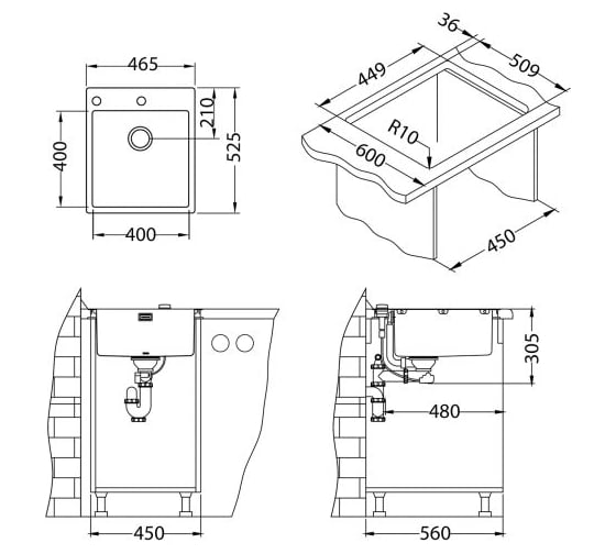 Мойка ALVEUS PURE 20 KMB-90 465х525 мм, 1X в комплекте с сифоном 1127252 1103608