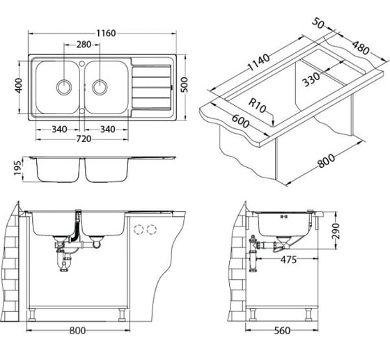 Мойка ALVEUS LINE MAXIM 100 SAT-90 1165х505 мм, 2X  в комплекте с сифоном 1127257 1087975