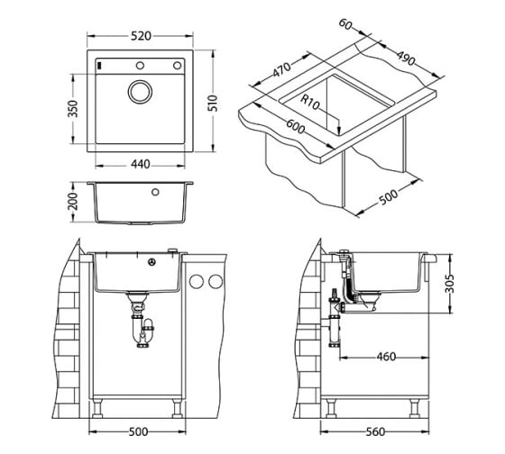 Мойка ALVEUS FORMIC 20 GRANITAL+ PEBBLE-G02M 520x510x200 мм, 1x с сифоном 1127749 1103763