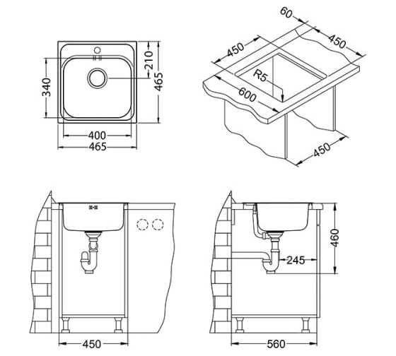 Мойка ALVEUS BASIC 140 NAT-90 465х465 мм, 1X в комплекте с сифоном 1102384 1100905
