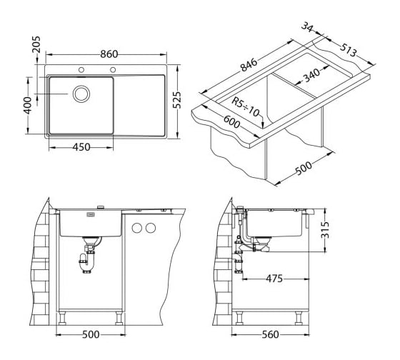 Мойка ALVEUS PURE 50R KMB-90 860х525 мм, 1X правая, в комплекте с сифоном 1127252 1103653