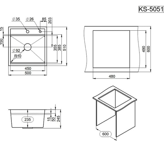 Стальная Кухонная мойка GRANULA KS-5051 сталь матовая