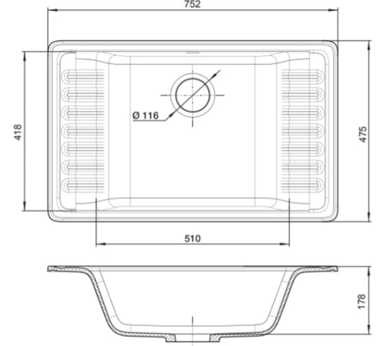 Мойка GRANFEST QUARZ чаша с крылом, 760х480 мм, белый 71 белый