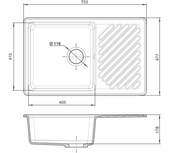Мойка GRANFEST QUARZ чаша с крылом, 760х480 мм, черный 52 черный