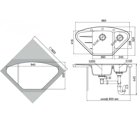 Мойка EWIGSTEIN Wink 80KF кварц, угловая, 1.5-чаши+крыло, 960х520 мм, серый металлик W- 80KF сер мет