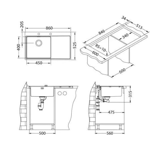 Мойка для кухни ALVEUS PURE 50L new KMB-90 860x525 левая в компл. с сифоном 1149517