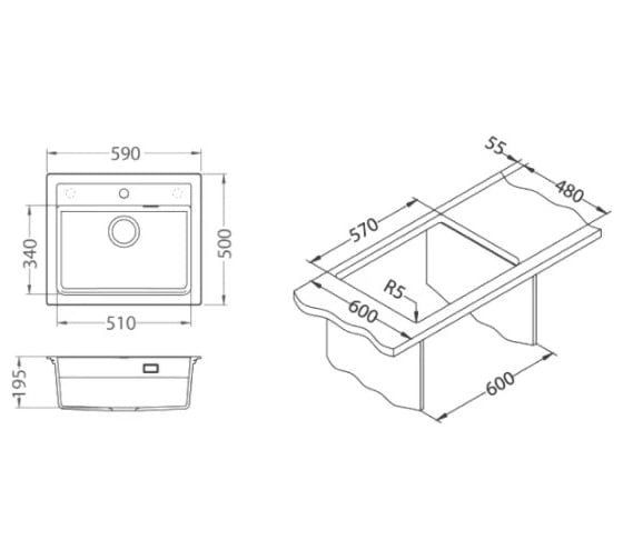 Мойка ALVEUS GRANITAL ATROx 30 CONCRETE - G81 590x500 1x в комплекте с сифоном 1132823 1131995