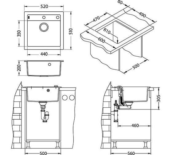 Мойка ALVEUS FORMIC 20 GRANITAL+ ARCTIC-G11M 520x510x200;1x с сифоном 1127749 1128395