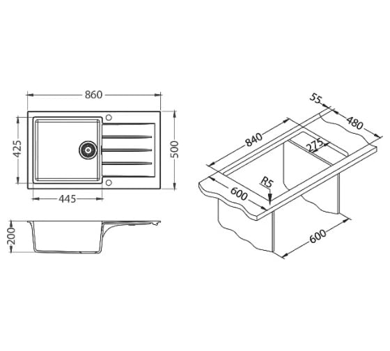 Мойка ALVEUS GRANITAL CADIT 40 CONCRETE-G81 860х500 1X в комплекте с сифоном 1132823 1132030
