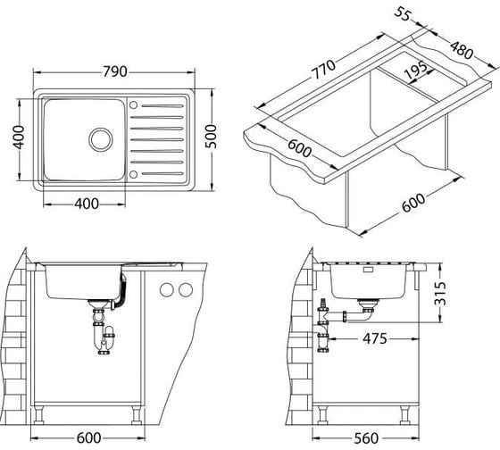 Мойка ALVEUS GALEO 20 SAT 90 FI 790х500 в комплекте с сифоном 1127251 1128553