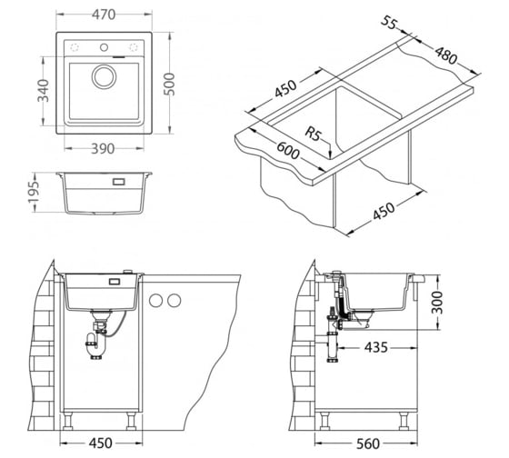 Мойка ALVEUS GRANITAL ATROx 20 ARCTIC - G11 470x500 1x в комплекте с сифоном 1132823 1131986