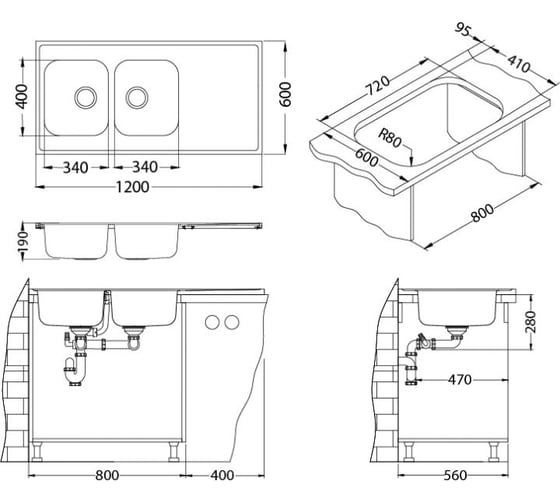 Мойка ALVEUS CLASSIC PRO 100 SAT-90 1200x600 2x в комплекте с сифоном 1130555 1130474