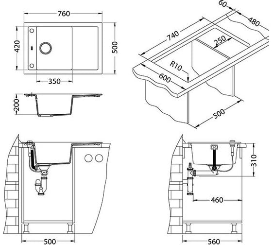 Мойка ALVEUS FORMIC 30 GRANITAL+ ARCTIC-G11M 760X500 1X с сифоном 1127749 1128396