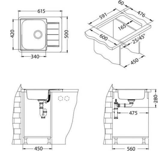 Мойка ALVEUS LINE 110 NAT 90 FI 615x500 в компл. с сифоном 1130551 1122317