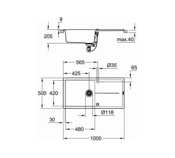 Композитная мойка Grohe K400 60-C 100/50 1.0 с одной чашей и крылом, оборачиваемая 31641AP0
