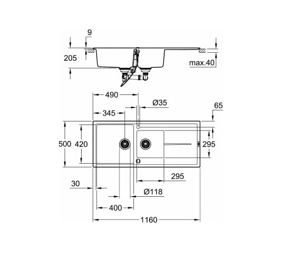 Композитная мойка Grohe K400 80-C 116/50 1.5 с 1.5 чашей и крылом, оборачиваемая 31643AT0