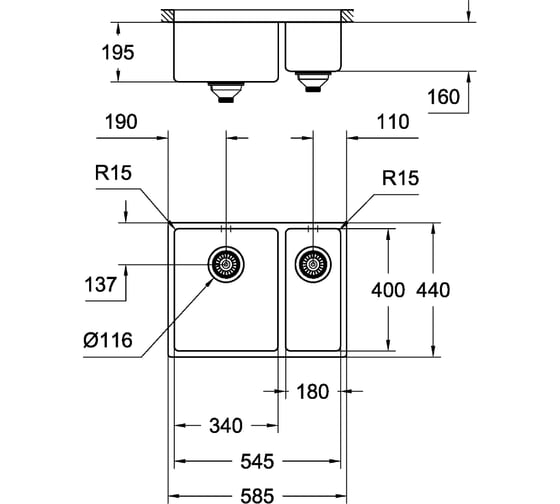 Мойка Grohe K700U  60-S 58,5/44 1.5 из нержавеющей стали, 1,5 чаши, основная чаша слева 31577SD0